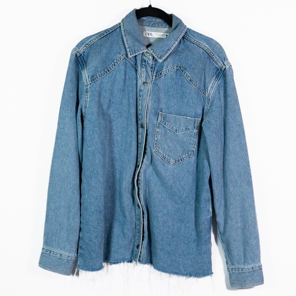 Zara Women's Cotton Denim Jean Long Sleeve Collared Snap Button Blouse Shirt Top - Picture 1 of 4